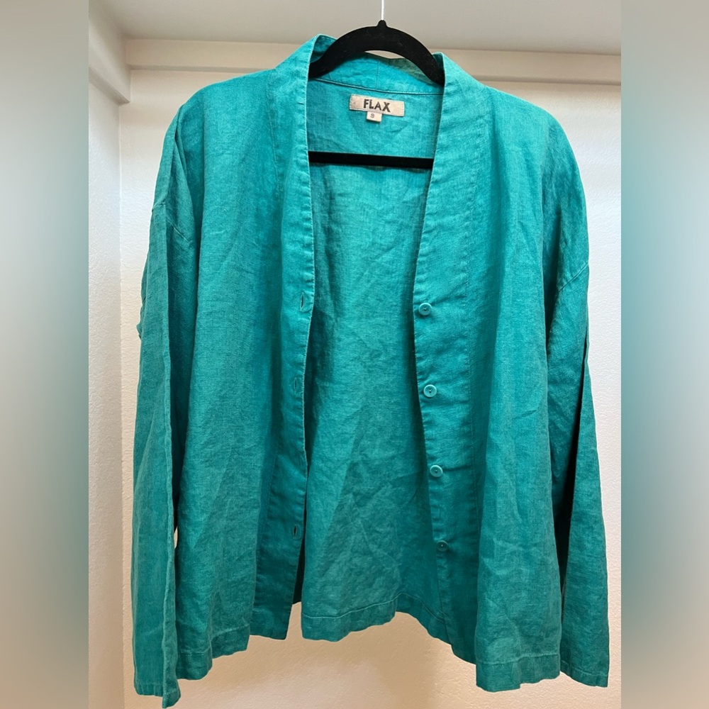 Flax Teal Button Down Tunic 100% Linen Size S - image 1